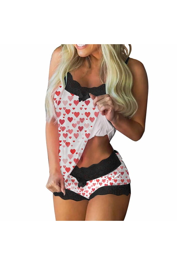 Two Piece Pajama Set for Women Valentines Womens 2pc Pajamas Set Lace Splicing Cami Vests Underwear Outfit Tank Tops Cami Shorts Printed Sleep Suit Multicolor XXL