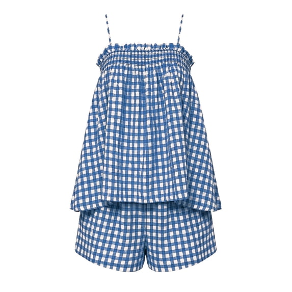 Two-Piece Pajama Set for Women Camisole Sleepwear Top with Shorts Summer Plaid Pj Set Navy XL