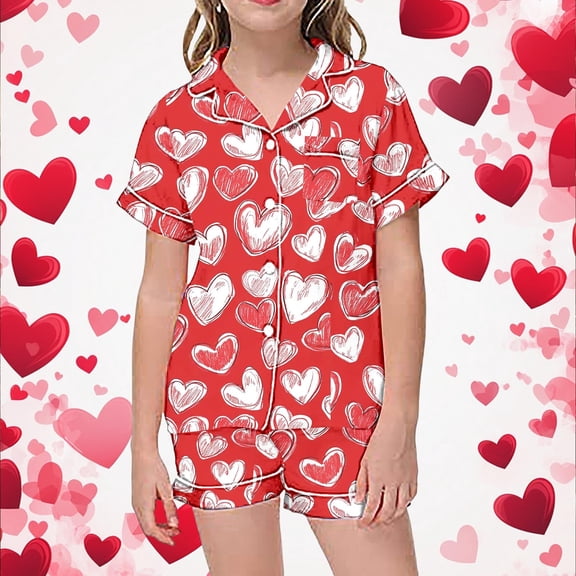 Two Piece Pajama Set with Short Sleeve Shorts Printed On Valentine's Day for Girls Size 10-11 Years