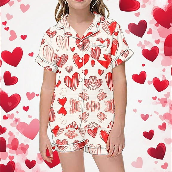 Two Piece Pajama Set with Short Sleeve Shorts Printed On Valentine's Day for Girls Size 10-11 Years