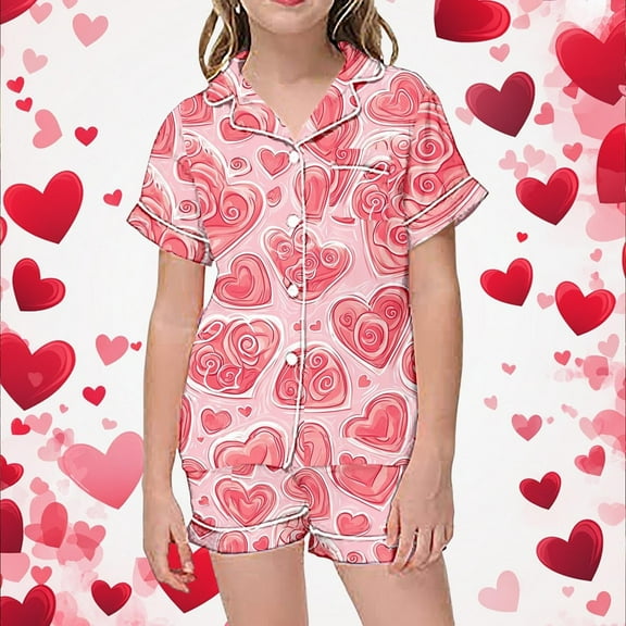 Two Piece Pajama Set with Short Sleeve Shorts Printed On Valentine's Day for Girls Size 6-7 Years