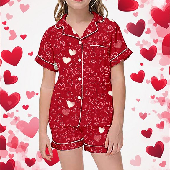Two Piece Pajama Set with Short Sleeve Shorts Printed On Valentine's Day for Girls Size 8-9 Years