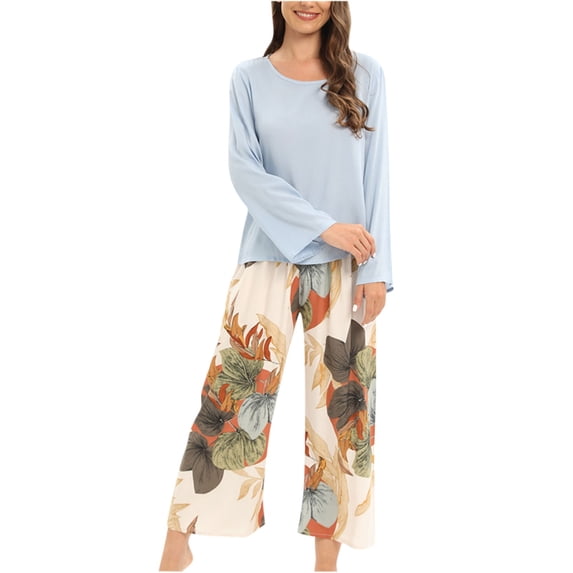 Two Piece Pajama Sets for Women Casual Print Crew Neck Long Sleeve Top and Pants Sleepwear Set