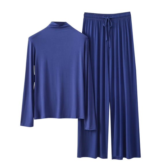 Two Piece Pajama Sets for Women High Neck Long Sleeve Top with Lace Up Wide Leg Pants Outfits Set