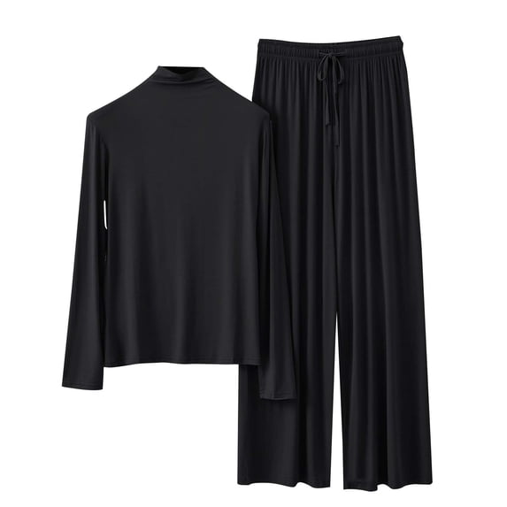 Two Piece Pajama Sets for Women High Neck Long Sleeve Top with Lace Up Wide Leg Pants Outfits Set