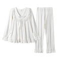 thumbnail image 1 of Two Piece Pajama Sets for Women V Neck Long Sleeve Top and Wide Leg Pants Casual 2 Piece Outfits Sleepwear Set, 1 of 4