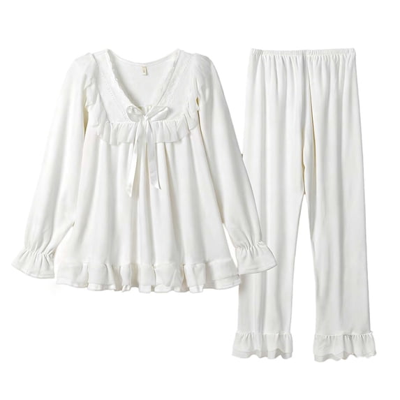 Two Piece Pajama Sets for Women V Neck Long Sleeve Top and Wide Leg Pants Casual 2 Piece Outfits Sleepwear Set