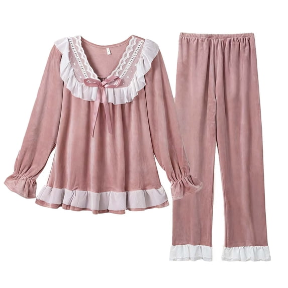 Two Piece Pajama Sets for Women V Neck Long Sleeve Top and Wide Leg Pants Casual 2 Piece Outfits Sleepwear Set
