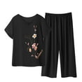 thumbnail image 1 of Two Piece Pajamas Set for Women, Embroidery Floral Cotton Linen Loungewear Set, Plus Size Short Sleeve and Elastic Capris Loose Comfy Set Spring Outfits for Women 2025 Black XXL, 1 of 5