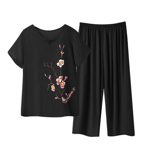 Two Piece Pajamas Set for Women, Embroidery Floral Cotton Linen Loungewear Set, Plus Size Short Sleeve and Elastic Capris Loose Comfy Set Spring Outfits for Women 2025 Black XXL