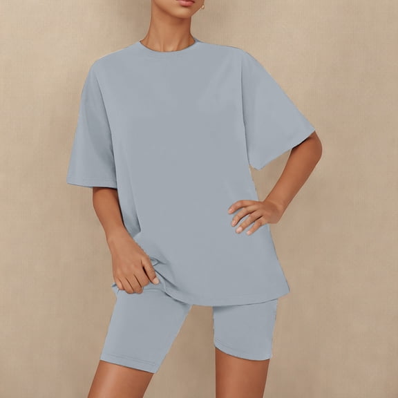 Two Piece Pajamas Sets for Women Oversized Short Sleeve T-Shirt and Leggings Shorts Solid Sports Sets Loose Loungewear Outfits Gray M