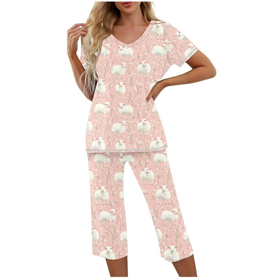 Two Piece Pajamas for Women Sets Womens Trends Lightweight Loungewear Suits V Neck Tees Short Sleeve Pajama Top Ultra Soft Textured Athletic Stretch Capris Loose Fit Nightgown Sleepwear