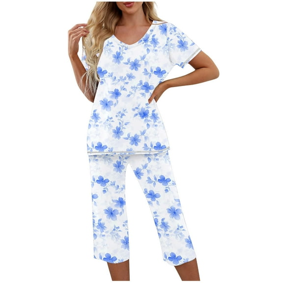Two Piece Pajamas for Women Sets Womens Trends Lightweight Loungewear Suits V Neck Tees Short Sleeve Pajama Top Ultra Soft Textured Athletic Stretch Capris Loose Fit Nightgown Sleepwear