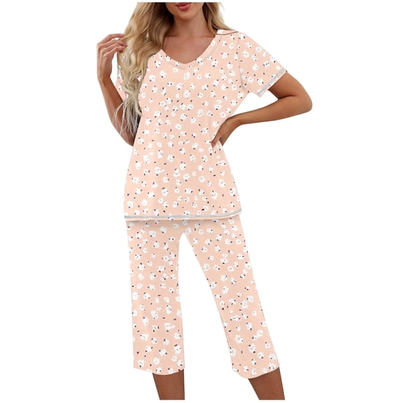 Two Piece Pajamas for Women Sets Womens Trends Lightweight Loungewear Suits V Neck Tees Short Sleeve Pajama Top Ultra Soft Textured Athletic Stretch Capris Loose Fit Nightgown Sleepwear