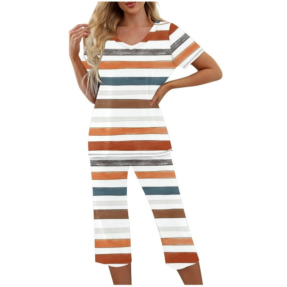 Two Piece Pajamas for Women Sets Womens Trends Lightweight Loungewear Suits V Neck Tees Short Sleeve Pajama Top Ultra Soft Textured Athletic Stretch Capris Loose Fit Nightgown Sleepwear