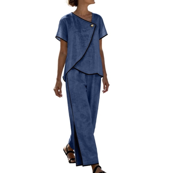 Two Piece Pant Set For Women Button Slit Hem Business Casual Daywear Summer Casual Pull On Travel Wear Relaxed Fit Straight Leg Wide Leg High Rise