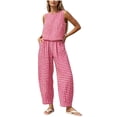 thumbnail image 1 of Two Piece Pant Set For Women Pocket Plaid Elastic Waist Weekend Casual Streetwear Summer Flowy Easy Matching Style Straight Leg Wide Leg High Rise, 1 of 8