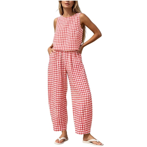 Two Piece Pant Set For Women Pocket Plaid Elastic Waist Weekend Casual Streetwear Summer Flowy Easy Matching Style Straight Leg Wide Leg High Rise