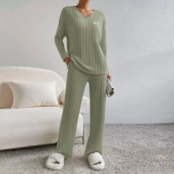 Two Piece Pants Set for Women Casual Fall, Fashion Women's V-Neck Loose Tops with Elastic Waist Straight Striped Pants Two-Piece Set New 2 Piece Casual Lounge Sets for Women Army Green XL
