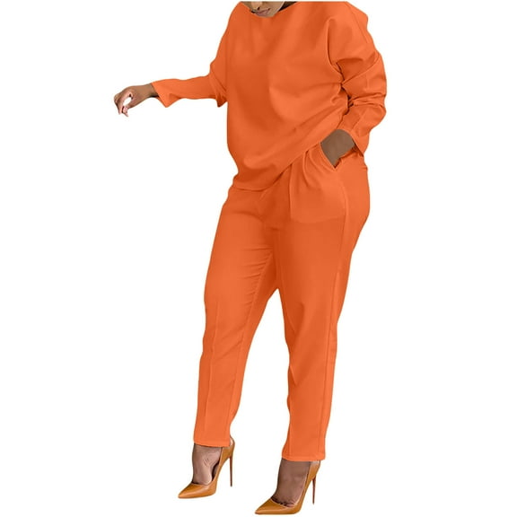Two Piece Pants Set for Women Casual New Women's 2 Piece Lounge Sets Sweatshirt Casual Travel Outfits Fashion Wide Leg Tracksuit Cozy Sweatsuits Orange M