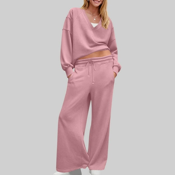 Two Piece Pants Set for Women Casual Plus New Womens Loungewear Sets Loose V Neck Long Sleeve Sweatshirt Wide Leg Pants 2 Piece Tracksuit Outfits with Pockets Pinky L