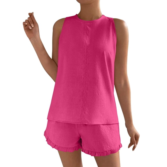 Two Piece Pants Set for Women Casual Summer New 2 Piece Outfits Sets for Women Summer Beach Sleeveless Tank Tops and High Waisted Shorts Ruffle Lounge Set Pinks XL