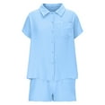 thumbnail image 1 of Two Piece Pants Set for Women Women's Cotton Linen Set Casual Button-up Short Sleeve Shirt Drawstring Shorts Sets with Pockets 2 Piece Summer Outfits Matching Sets New Light Blue S, 1 of 7