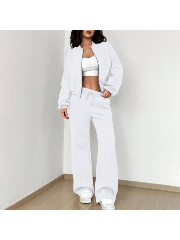 Two Piece Pants Set for Women Dressy New Women 2 Piece Travel Outfits Sweatsuit Oversized Sweatshirt Sweatpants Tracksuit Fall Trendy Matching Set White M