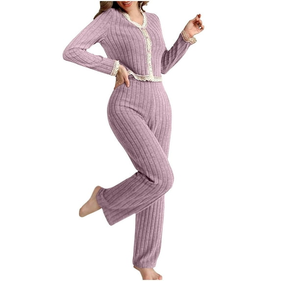Two Piece Pants Set for Women Going out New Pajama Sets for Women 2 Piece Long Sleeve Knit Fall Loungewear Crew Neck Button down Outfits Sleepwear Suits Purple L