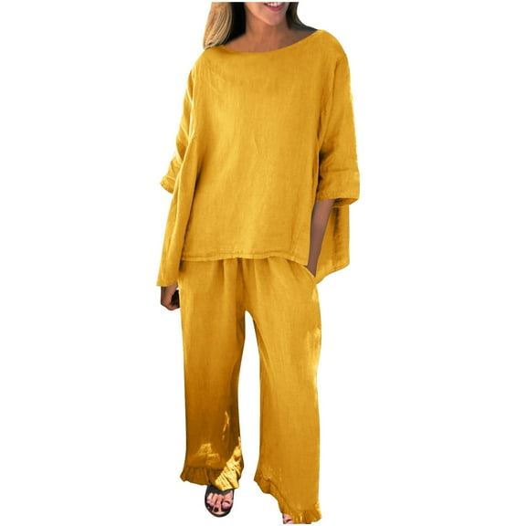 Two Piece Pants Set for Women New Women Fall Solid Color Loose Casual Pants Two Piece Five Points Sleeve Tops/Shirt Set Short Sleeve Sleeve Round Neck Tops/Shirt Set B-42 Yellow 4XL