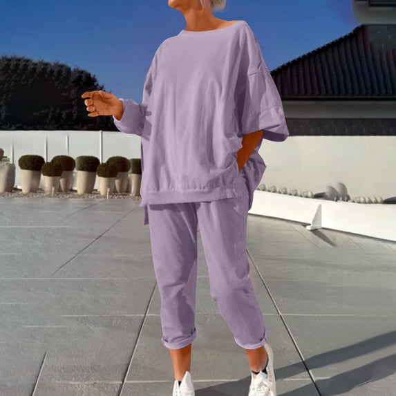 Two Piece Pants Set for Women Work New Casual Sets for Women Fall Travel Outfits Sweatsuit 2 Piece Set Crewneck Sweatshirt and Sweatpants Suit Purple XXL