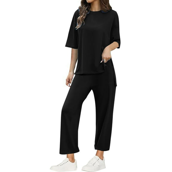 Two Piece Pants Set for Women Summer New Women's Summer Solid Color Casual Tops Wide Leg Pants Track Suit Set B-38 Black S