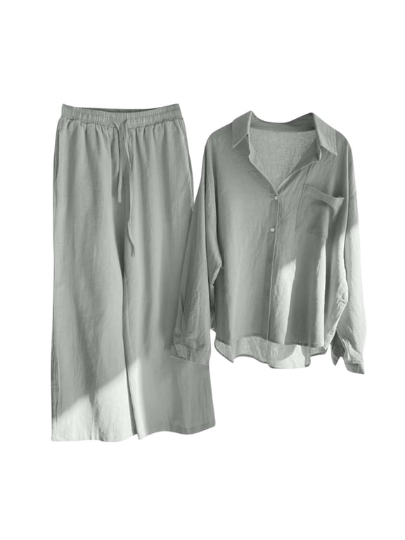 Two Piece Pants Suit for Women Casual New Womens 2 Piece Cotton Linen Sets Plus Size Lounge Outfits Long Shirts Long Pants Tracksuit Sweatsuits Gray XXL
