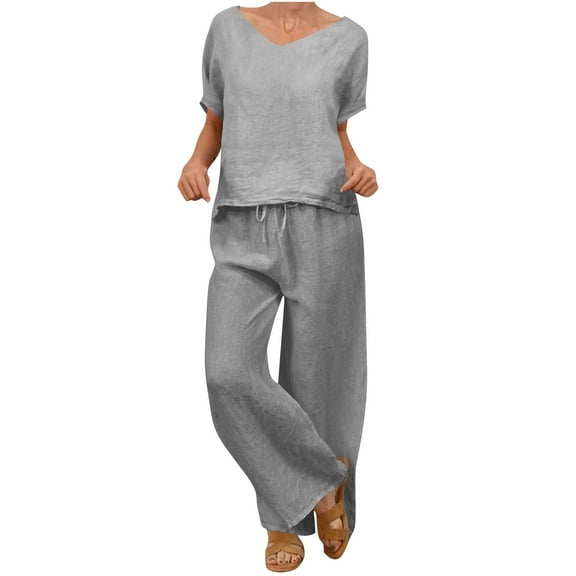 Two Piece Pants Suit for Women Casual New Women's Loose Casual V-Neck Pullover Short Sleeve Plus Pants Women's Two-Piece Suit Gray L