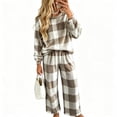 thumbnail image 1 of Two Piece Plaid Set for Women Long Sleeve Crew Neck Tops Wide Leg Pants Fall Winter Thicken Warm Soft Lounge Home Wear (L, Khaki), 1 of 7