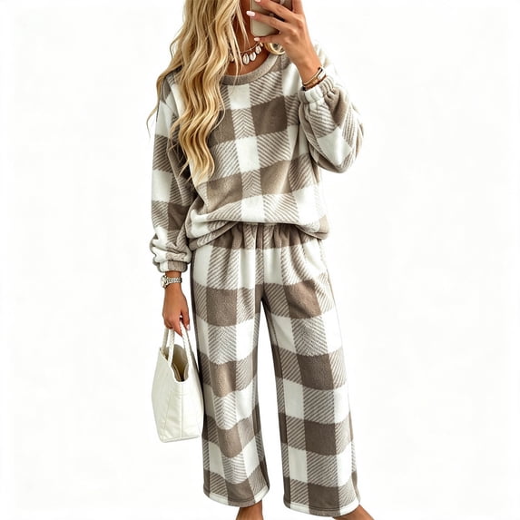 Two Piece Plaid Set for Women Long Sleeve Crew Neck Tops Wide Leg Pants Fall Winter Thicken Warm Soft Lounge Home Wear (L, Khaki)