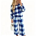 thumbnail image 1 of Two Piece Plaid Set for Women Long Sleeve Crew Neck Tops Wide Leg Pants Fall Winter Thicken Warm Soft Lounge Home Wear (M, Blue), 1 of 7