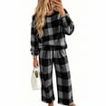 thumbnail image 1 of Two Piece Plaid Set for Women Long Sleeve Crew Neck Tops Wide Leg Pants Fall Winter Thicken Warm Soft Lounge Home Wear (XL, Dark Gray), 1 of 7