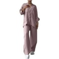thumbnail image 1 of Two Piece Plus Size Sets for Women Fall Solid Color Retro Classic Wersatile Casual Cotton Linen Shirt Drawstring Wide Leg Pants Set Long Sleeved Round Neck Top/Shirt Set, 1 of 7