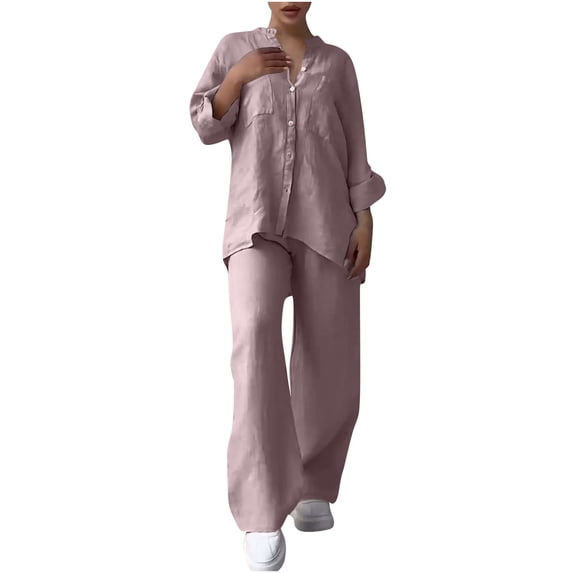 Two Piece Plus Size Sets for Women Fall Solid Color Retro Classic Wersatile Casual Cotton Linen Shirt Drawstring Wide Leg Pants Set Long Sleeved Round Neck Top/Shirt Set