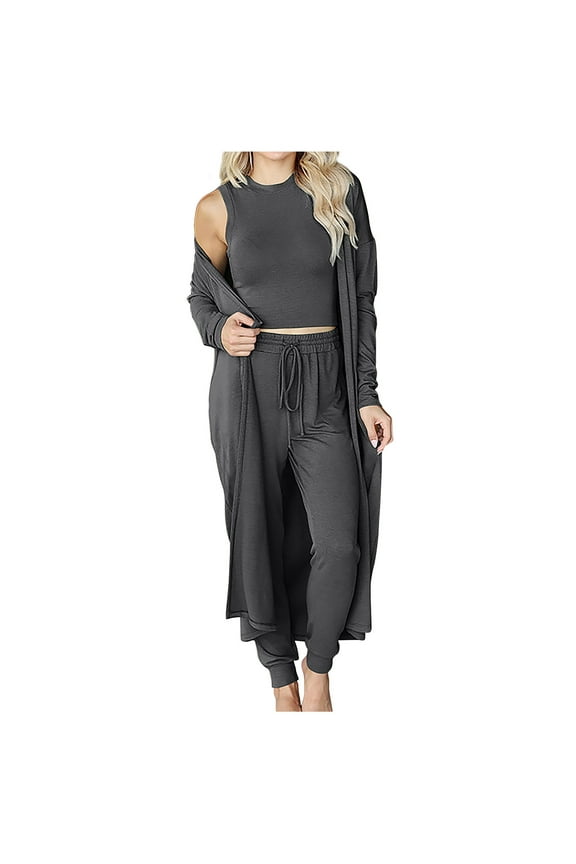 Two Piece Plus Size Sets for Women Fall Casual Solid Color Long-Sleeve Cardigan Tank Tops Vest Trouser Sets