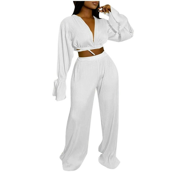 Two Piece Plus Size Sets for Women Fall Casual V-Neck Bandage Long Sleeve Wrinkled Long Pant Set