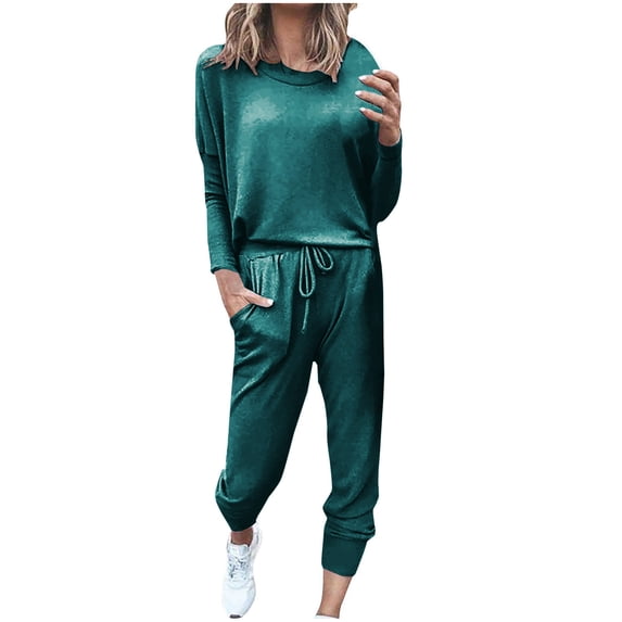 Two Piece Plus Size Sets for Women Fall Loose Two-piece Sets Solid Long Sleeve Tops Casual Pants Sweatsuit