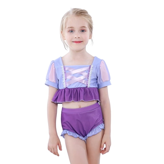KAWELL Two Piece Princess Bathing Suit for Girls Role Play Ariel Alice Purple Jessie Tankini Ruffles Beach Surf Swimsuit