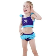 KAWELL Two Piece Princess Bathing Suit for Girls Role Play Ariel Alice Purple Jessie Tankini Ruffles Beach Surf Swimsuit