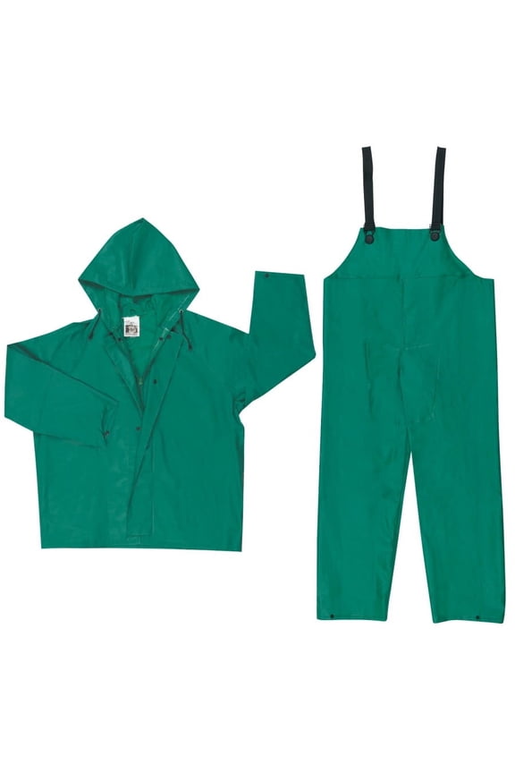 Two-Piece Rain Suit, Jacket w/Hood, Bib Pants, 0.42 mm PVC/Poly, Green, X-Large