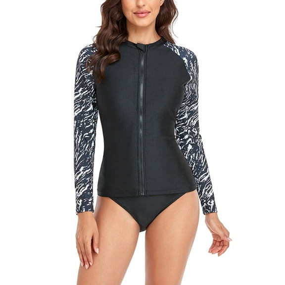 Two Piece Rash Guard for Women Long Sleeve Swimsuits Zip Front Swim Shirt UPF 50+
