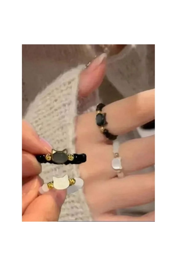 Two-Piece Ring Set: Black Obsidian Cat Head & White Cat Fidget Rings With Goldtone Beads