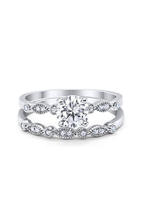 Two Piece Round Art Deco Bridal Set Ring CZ 925 Sterling Silver Size 6