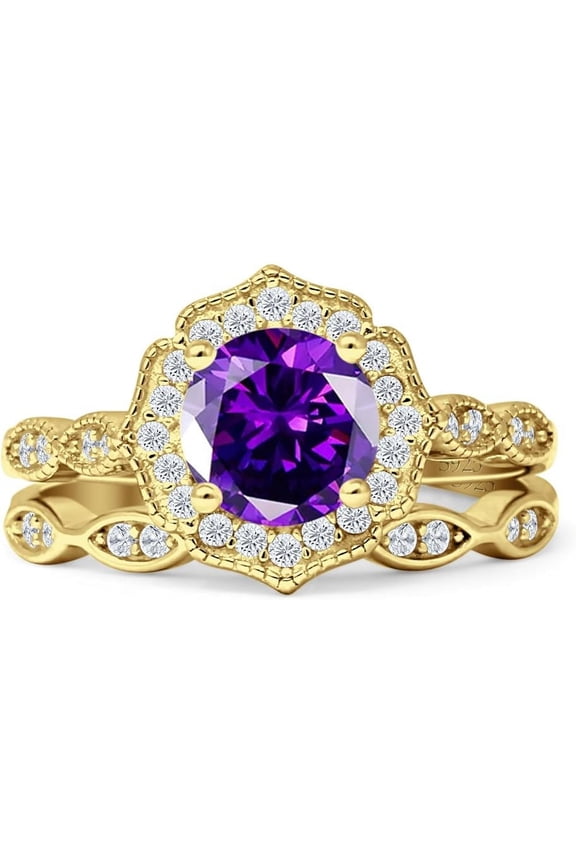 Two Piece Round Halo Floral Ring Amethyst Cubic Zirconia 925 Yellow Tone Sterling Silver, Size 9